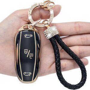 Tesla Model S/3/Y, Key Fob Case Cover, Black W/ Gold Crystal Diamond Key Ring